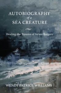 Abstract painting of stormy sea with book title and author name